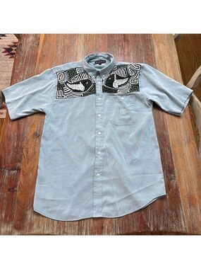Piatelli Vintage Nola Style Fish Motif Shirt Large Blue Green